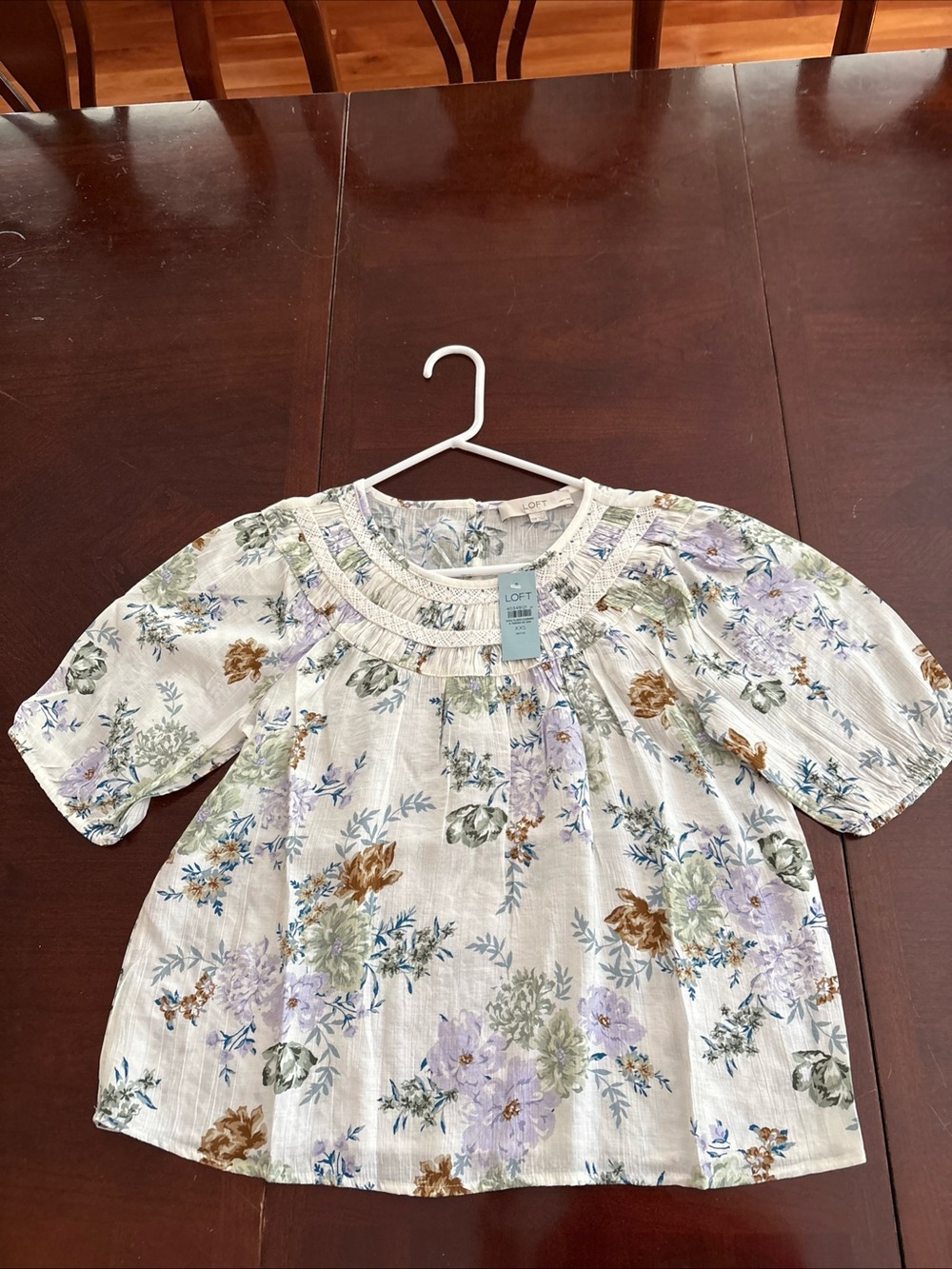 LOFT Cream Floral and Lace Puff-Sleeve Top